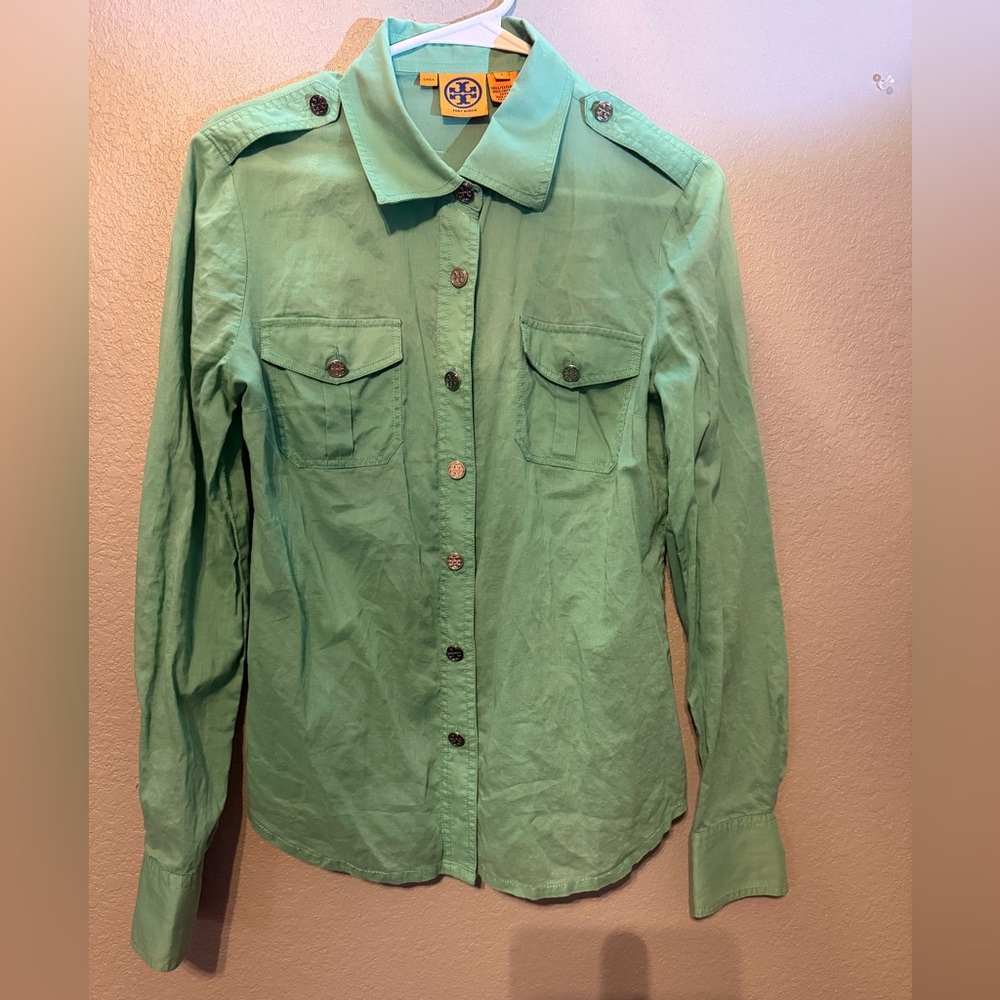 Tory Burch Olive Green Shirt with Orange Logo Tag